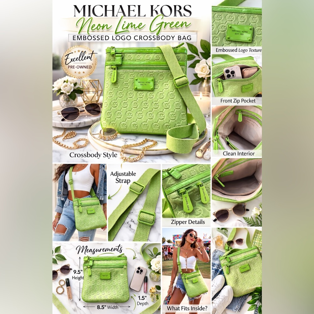 Michael Kors Neon Green Embossed Crossbody Bag 💚 Y2K Style - Picture 2 of 3